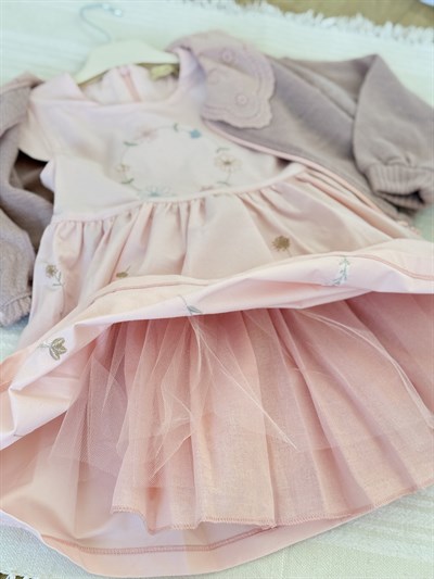 Flowers Elbise Hırka Takım -Pudra(3-6yaş)