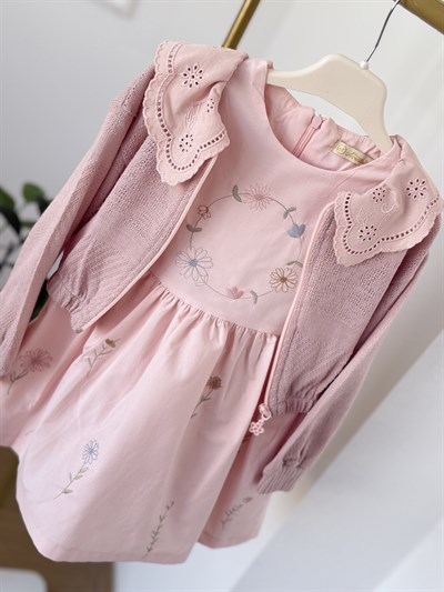 Flowers Elbise Hırka Takım -Pudra(3-6yaş)