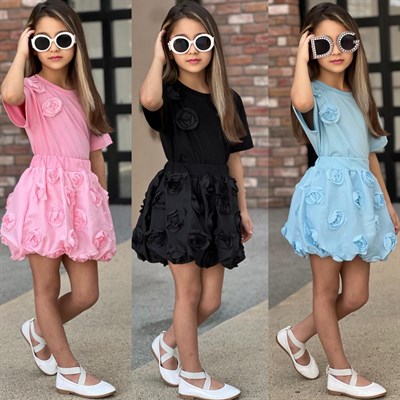 Gül Dokulu Etekli Takım - Mavi (4-12yaş)