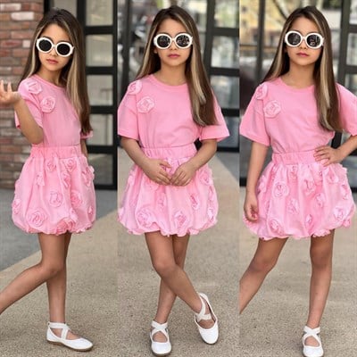 Gül Dokulu Balon Etekli Takım - Pembe (4-12yaş)