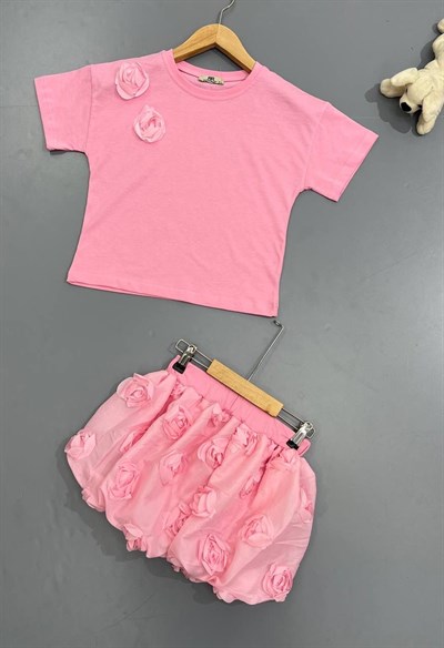 Gül Dokulu Balon Etekli Takım - Pembe (4-12yaş)