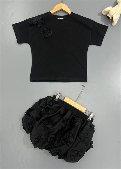 Gül Dokulu Balon Etekli Takım - Siyah (4-12yaş)