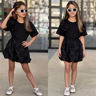 Gül Dokulu Balon Etekli Takım - Siyah (4-12yaş)