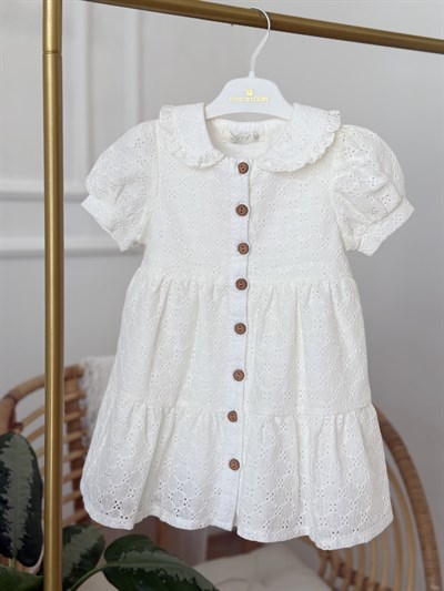 Güpürlü Düğme Detay Elbise - Beyaz (2yaş-10yaş)