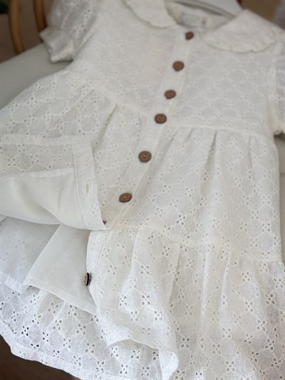 Güpürlü Düğme Detay Elbise - Beyaz (2yaş-10yaş)