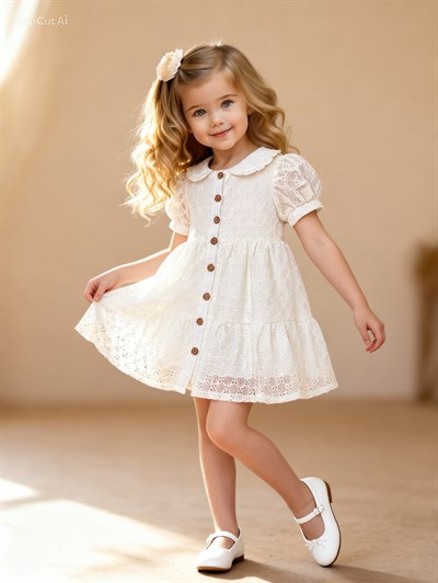 Güpürlü Düğme Detay Elbise - Beyaz (2yaş-10yaş)
