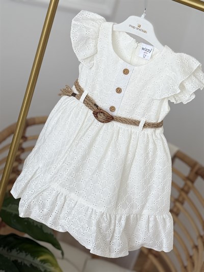  Roselia Güpürlü Kemer Detay Elbise - Beyaz (2yaş-10yaş)