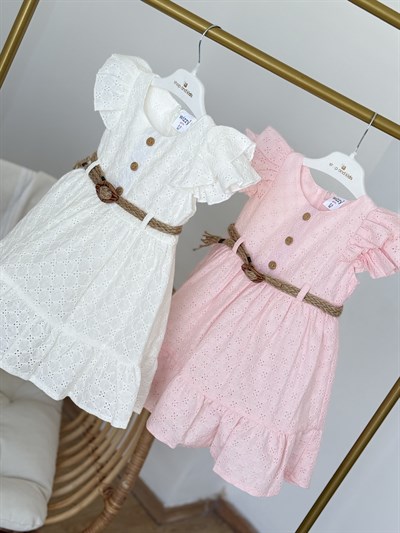  Roselia Güpürlü Kemer Detay Elbise - Beyaz (2yaş-10yaş)