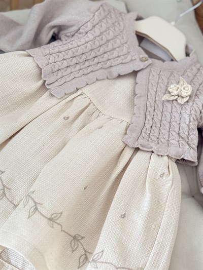 İris İnci Detay Hırkalı Elbise - Bej (6ay-36ay)