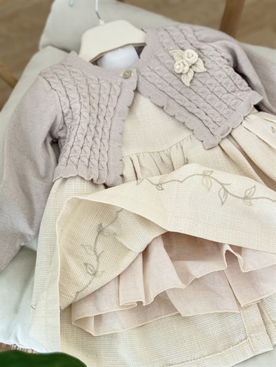 İris İnci Detay Hırkalı Elbise - Bej (6ay-36ay)