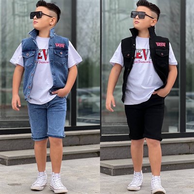 Jean 3 Parça Yelekli Şortlu Takım - Siyah (3-12Yaş)