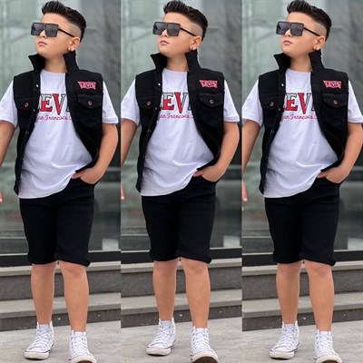 Jean 3 Parça Yelekli Şortlu Takım - Siyah (3-12Yaş)