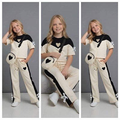 Kalp Detay Çantalı Kısa Kol Takım-Bej (4-16 yaş)