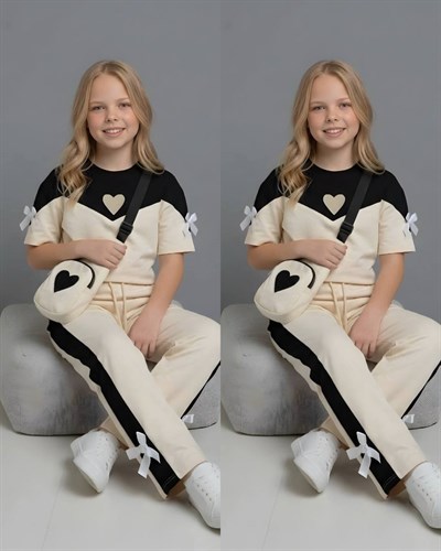 Kalp Detay Çantalı Kısa Kol Takım-Bej (4-16 yaş)