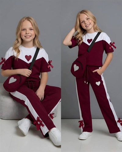 Kalp Detay Çantalı Kısa Kol Takım-Bordo(4-16 yaş)