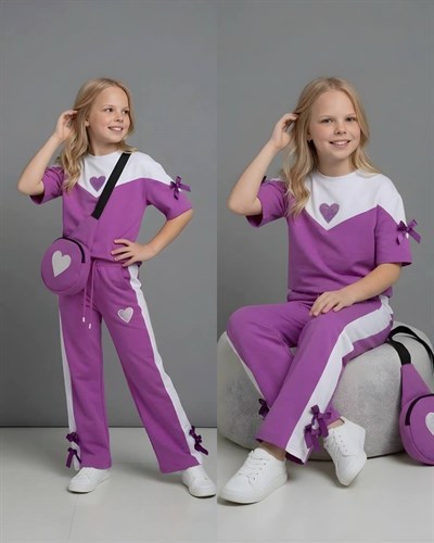 Kalp Detay Çantalı Kısa Kol Takım-Lila (4-16 yaş)