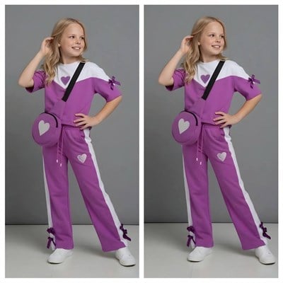 Kalp Detay Çantalı Kısa Kol Takım-Lila (4-16 yaş)