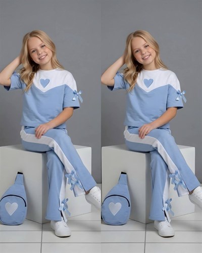 Kalp Detay Çantalı Kısa Kol Takım-Mavi (4-16 yaş)