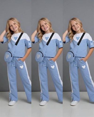 Kalp Detay Çantalı Kısa Kol Takım-Mavi (4-16 yaş)