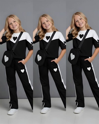 Kalp Detay Çantalı Kısa Kol Takım-Siyah(4-16 yaş)