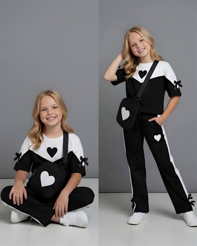 Kalp Detay Çantalı Kısa Kol Takım-Siyah(4-16 yaş)