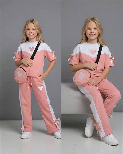 Kalp Detay Çantalı Kısa Kol Takım-Somon(4-16 yaş)