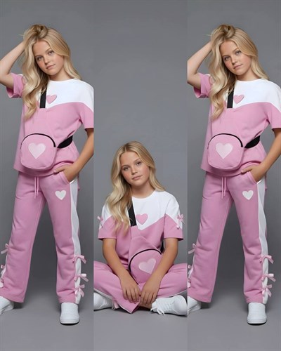 Kalp Detay Çantalı Kısa Kol Takım-Pembe(4-16 yaş)