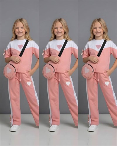 Kalp Detay Çantalı Kısa Kol Takım-Somon(4-16 yaş)
