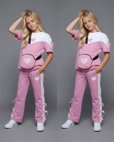 Kalp Detay Çantalı Kısa Kol Takım-Pembe(4-16 yaş)