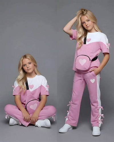 Kalp Detay Çantalı Kısa Kol Takım-Pembe(4-16 yaş)