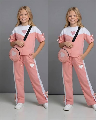 Kalp Detay Çantalı Kısa Kol Takım-Somon(4-16 yaş)