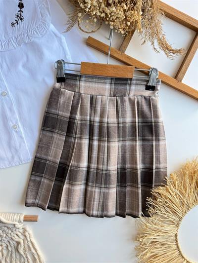 Kaneviçe Yaka Ekose Etekli Takım-Kahve(4-12yaş aralığı)