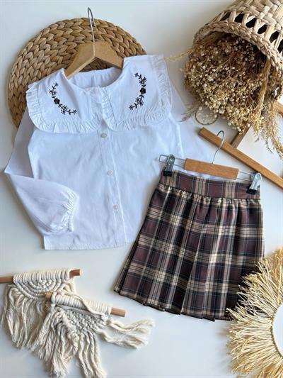 Kaneviçe Yaka Ekose Etekli Takım-Kahve(4-12yaş aralığı)