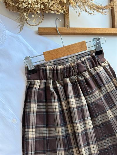 Kaneviçe Yaka Ekose Etekli Takım-Kahve(4-12yaş aralığı)