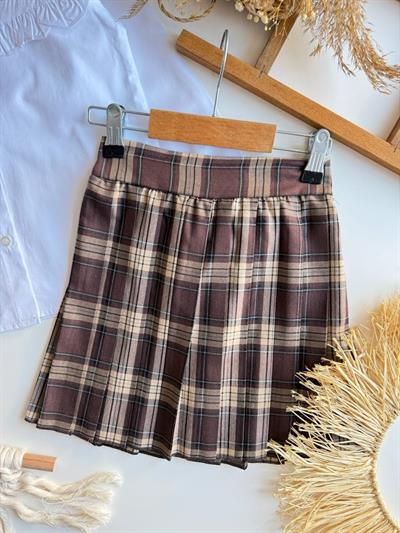 Kaneviçe Yaka Ekose Etekli Takım-Kahve(4-12yaş aralığı)