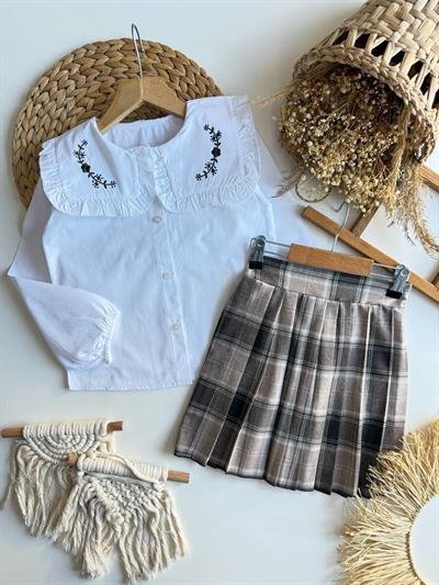 Kaneviçe Yaka Ekose Etekli Takım-Kahve(4-12yaş aralığı)