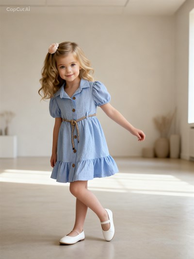 Luna Kemer Detay Elbise - Mavi (2yaş-10yaş)