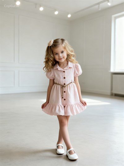 Luna Kemer Detay Elbise - Pudra (2yaş-10yaş)