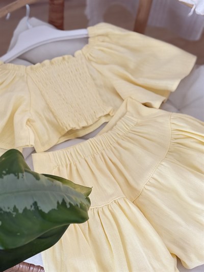 Crop Balon Şort Etekli Keten Takım - Sarı (2-8yaş)