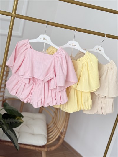 Crop Balon Şort Etekli Keten Takım - Sarı (2-8yaş)