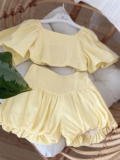 Crop Balon Şort Etekli Keten Takım - Sarı (2-8yaş)