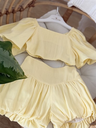 Crop Balon Şort Etekli Keten Takım - Sarı (2-8yaş)