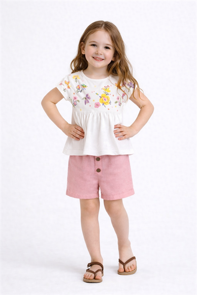 Keten Şortlu Kız Takım  - Beyaz (2-8yaş)