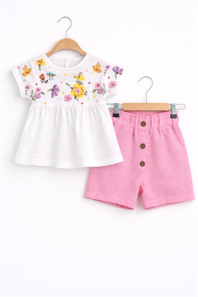 Keten Şortlu Kız Takım  - Beyaz (2-8yaş)