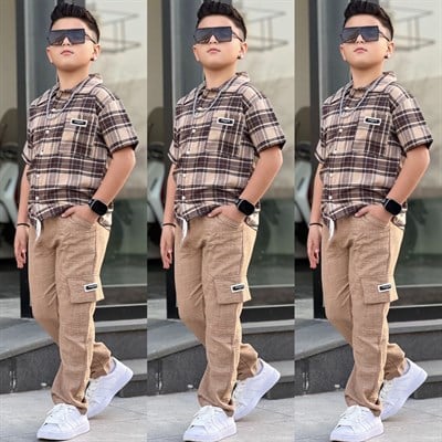 Keten Tarz Gömlekli 2li  Takım-Kahve (8-16 yaş aralığı)