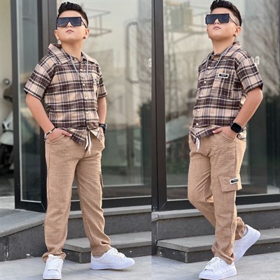 Keten Tarz Gömlekli 2li  Takım-Kahve (8-16 yaş aralığı)