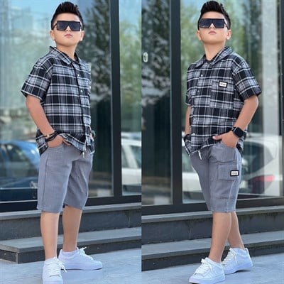 Keten Tarz Gömlekli Şortlu Takım - Siyah (8-16 yaş aralığı)