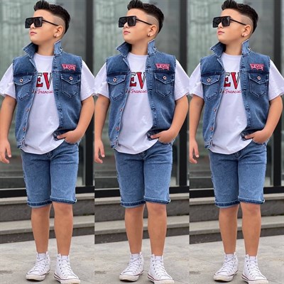 Jean 3 Parça  Yelekli Şortlu Takım - Mavi (3-12Yaş)