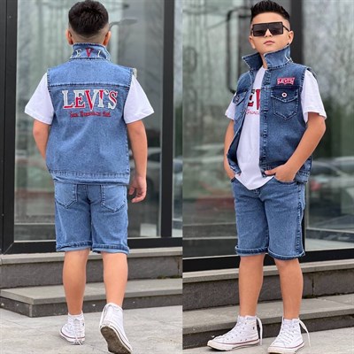 Jean 3 Parça  Yelekli Şortlu Takım - Mavi (3-12Yaş)