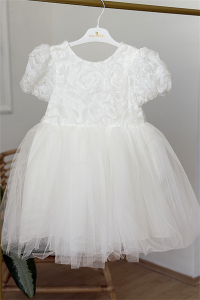  Gül Kabartma Detay Kabarık  Elbise - Beyaz (3-8 yaş aralığı)